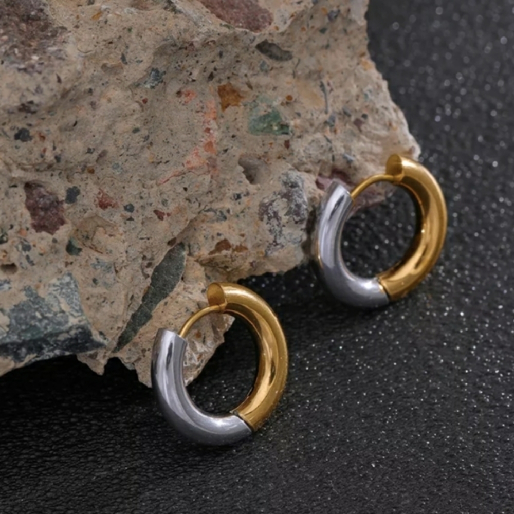NEW 18K Gold Plated Two-Tone Silver + Gold Small Hoop Earrings - Picture 4 of 9